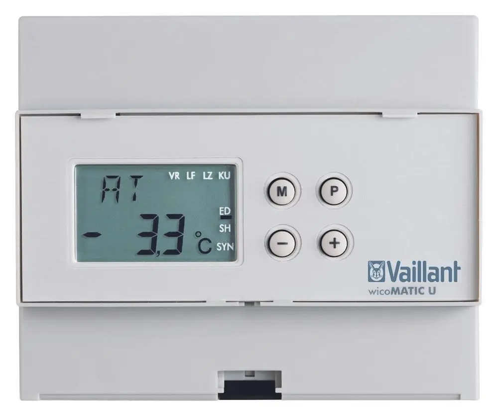 Vaillant Steuergerät mit digitalem Display, zeigt Temperatur und Statusanzeigen. Tasten zur Einstellung der Betriebsarten und Temperaturen.